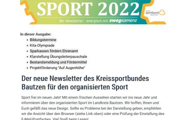 Sportbund Bautzen Newsbild - Erster Newsletter 2022 - im neuen Design
